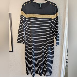 Lauren Ralph Lauren Midi Cotton Knit Dress Long Sleeves XL Black White Gold